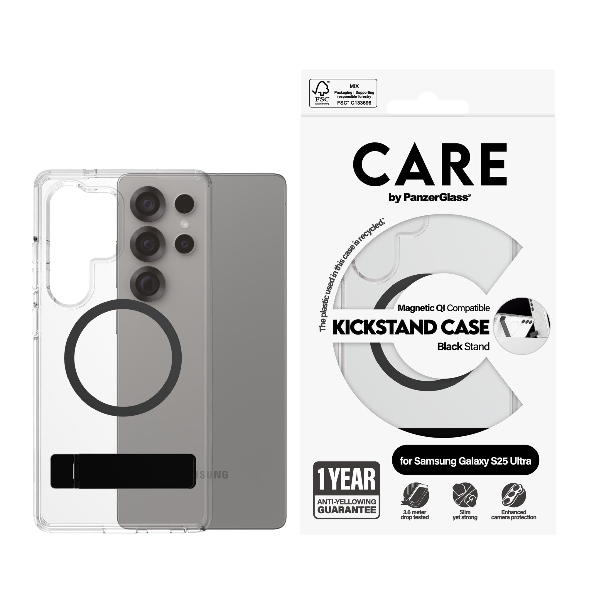 CARE by PanzerGlass® Feature Case Transparent m. Schwarz Kickstand & Qi Compatible Samsung Galaxy S25 Ultra